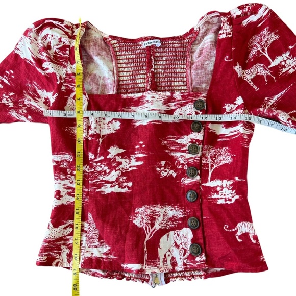 Reformation Leo Linen Top Nairobi Red Safari Print Button Detail Puff Sleeves 6 - Picture 13 of 15